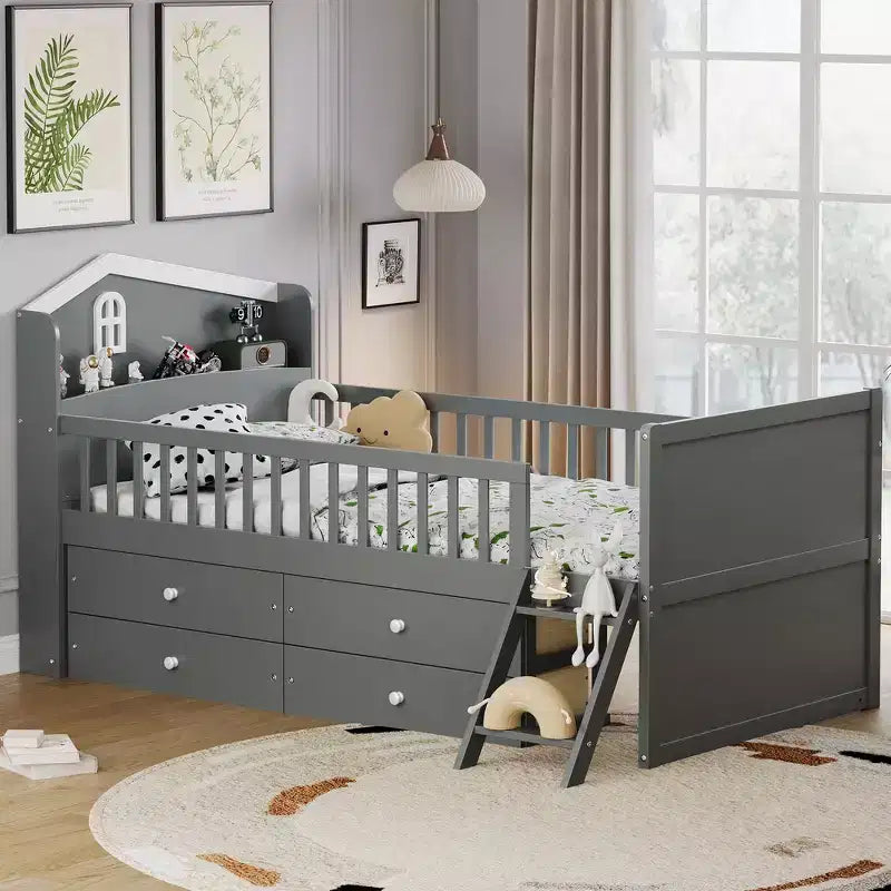 Whisen Twin Struttura Letto in Legno, Base Letto a Piattaforma con Contenitore 4 Cassetti, Testiera con Sponda e Scaletta