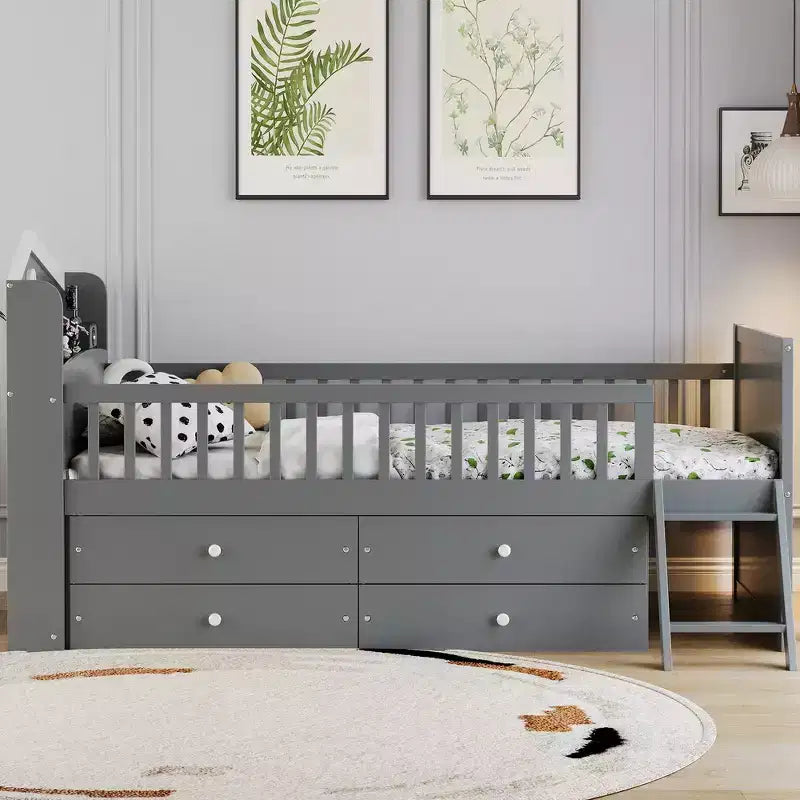 Whisen Twin Struttura Letto in Legno, Base Letto a Piattaforma con Contenitore 4 Cassetti, Testiera con Sponda e Scaletta