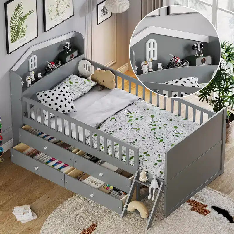 Whisen Twin Struttura Letto in Legno, Base Letto a Piattaforma con Contenitore 4 Cassetti, Testiera con Sponda e Scaletta