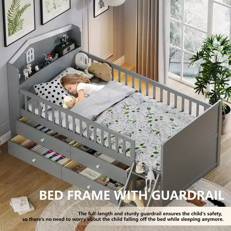 Whisen Twin Struttura Letto in Legno, Base Letto a Piattaforma con Contenitore 4 Cassetti, Testiera con Sponda e Scaletta