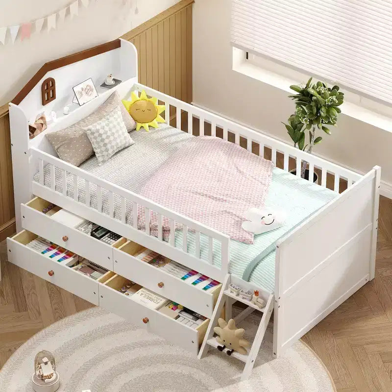 Whisen Twin Struttura Letto in Legno, Base Letto a Piattaforma con Contenitore 4 Cassetti, Testiera con Sponda e Scaletta