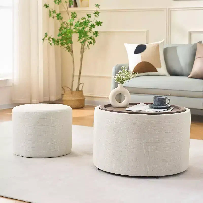 Okak Moderno Set di 2 Pouf Contenitori in Lino con Vassoio in Legno, Poggiapiedi Imbottito e Tavolino Rotondo