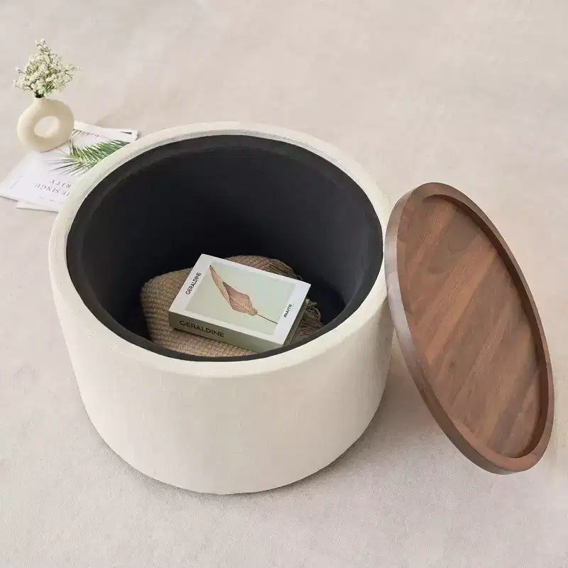 Okak Moderno Set di 2 Pouf Contenitori in Lino con Vassoio in Legno, Poggiapiedi Imbottito e Tavolino Rotondo