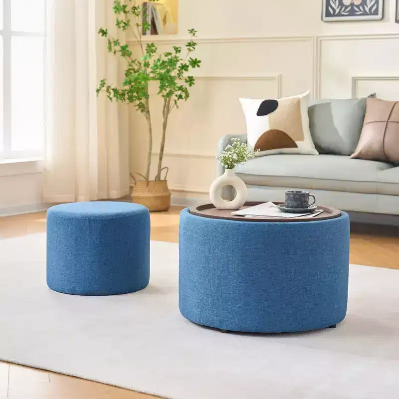 Okak Moderno Set di 2 Pouf Contenitori in Lino con Vassoio in Legno, Poggiapiedi Imbottito e Tavolino Rotondo
