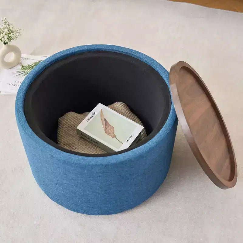 Okak Moderno Set di 2 Pouf Contenitori in Lino con Vassoio in Legno, Poggiapiedi Imbottito e Tavolino Rotondo