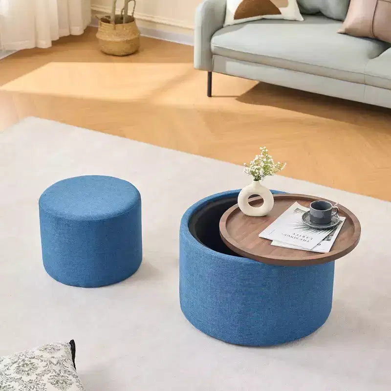 Okak Moderno Set di 2 Pouf Contenitori in Lino con Vassoio in Legno, Poggiapiedi Imbottito e Tavolino Rotondo