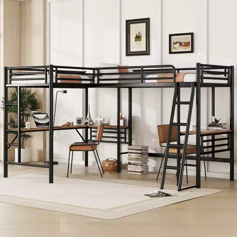 Letto a soppalco matrimoniale in metallo Clihome con due scrivanie integrate