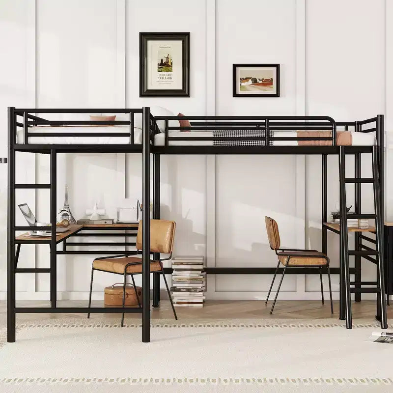 Letto a soppalco matrimoniale in metallo Clihome con due scrivanie integrate