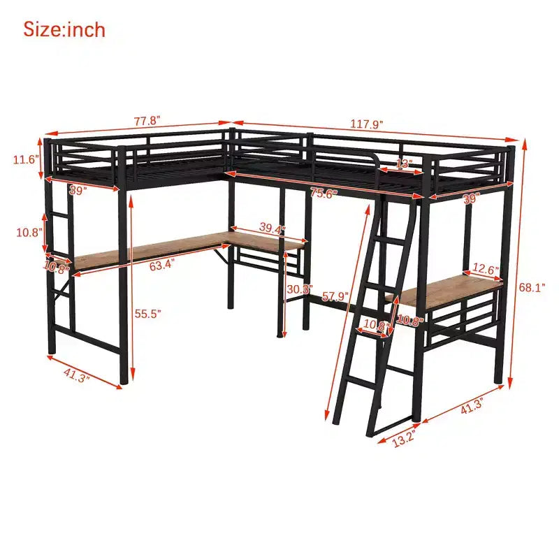 Letto a soppalco matrimoniale in metallo Clihome con due scrivanie integrate