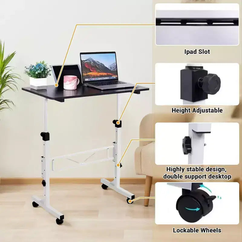 Bureau informatique mobile debout avec roulettes, table d'ordinateur portable portable, hauteur réglable de 79 à 109 cm pour bureau à domicile, chevet, salle de classe, 81 x 41 cm