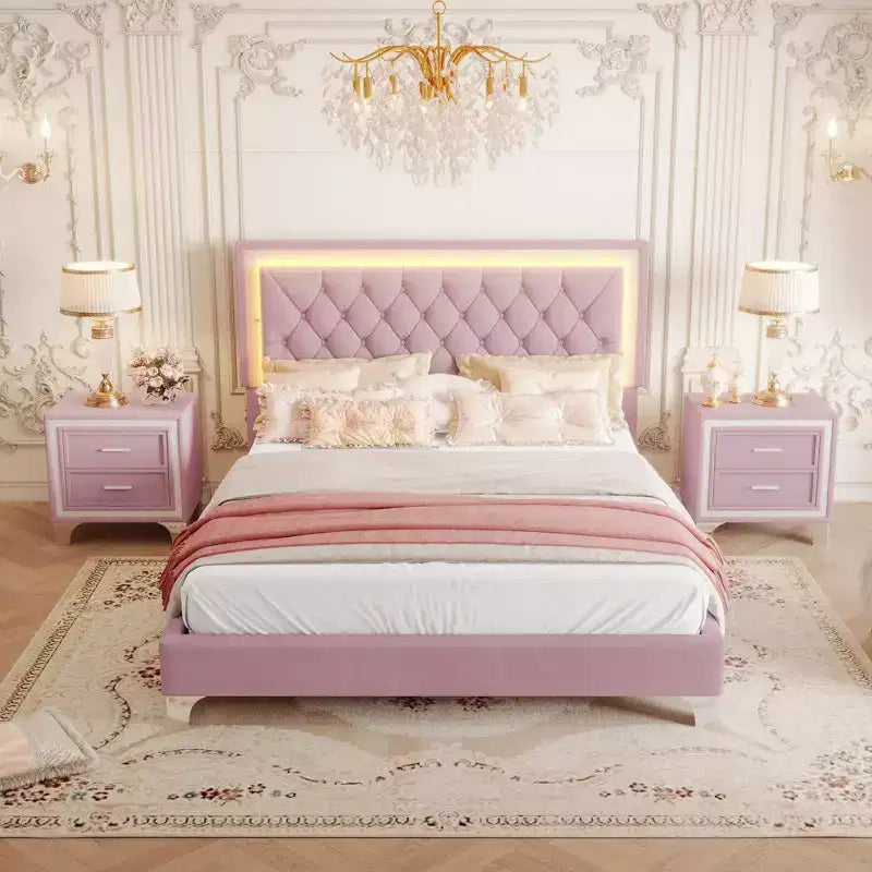 Set Whisen 3 pezzi, letto matrimoniale imbottito con piattaforma e due comodini
