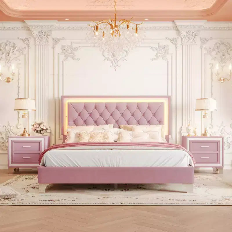 Set Whisen 3 pezzi, letto matrimoniale imbottito con piattaforma e due comodini
