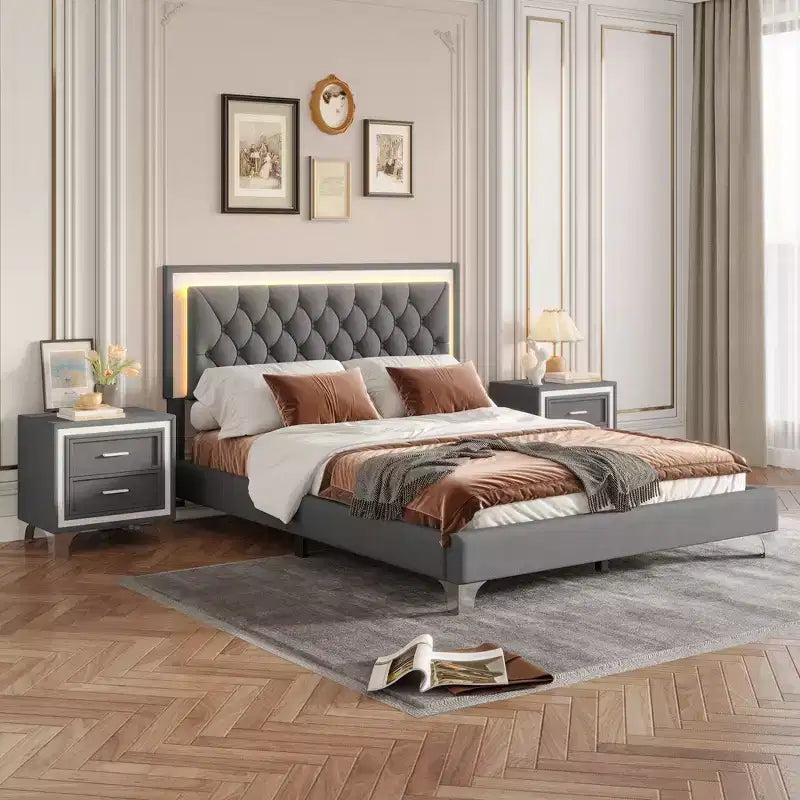 Set Whisen 3 pezzi, letto matrimoniale imbottito con piattaforma e due comodini