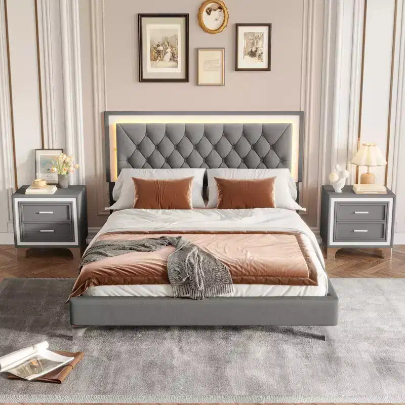 Set Whisen 3 pezzi, letto matrimoniale imbottito con piattaforma e due comodini