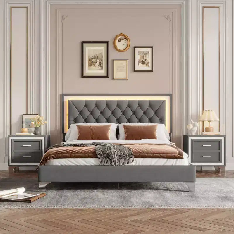 Set Whisen 3 pezzi, letto matrimoniale imbottito con piattaforma e due comodini
