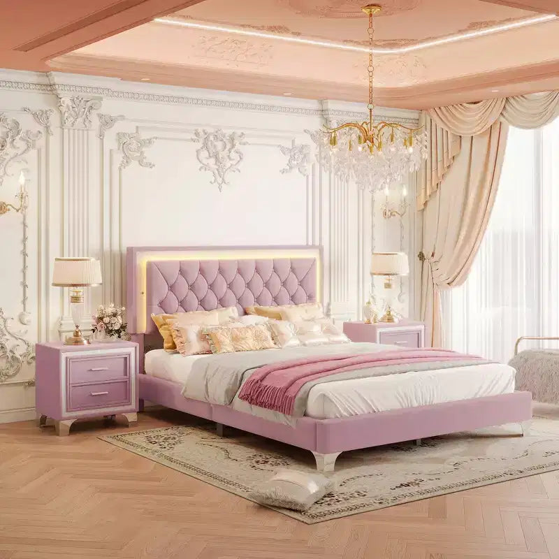 Set Whisen 3 pezzi, letto matrimoniale imbottito con piattaforma e due comodini