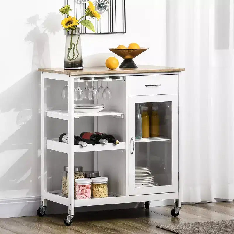 FAMYYT Isola da cucina bianca con piano in legno di bambù da 48 cm, carrello da bar con portabottiglie da 4, portabicchieri, cassetto e armadietto