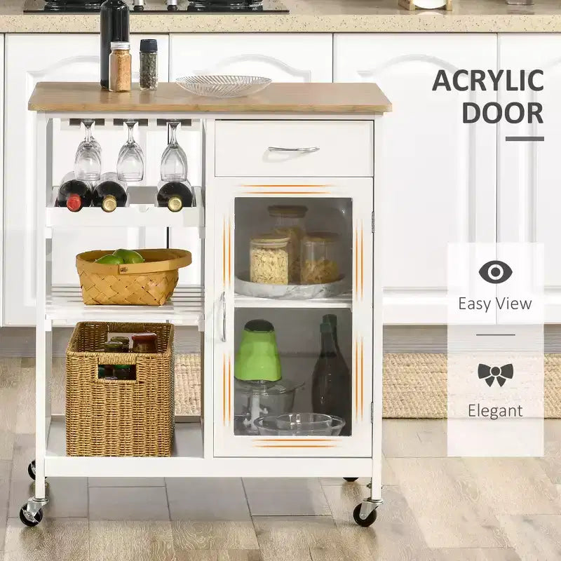 FAMYYT Isola da cucina bianca con piano in legno di bambù da 48 cm, carrello da bar con portabottiglie da 4, portabicchieri, cassetto e armadietto