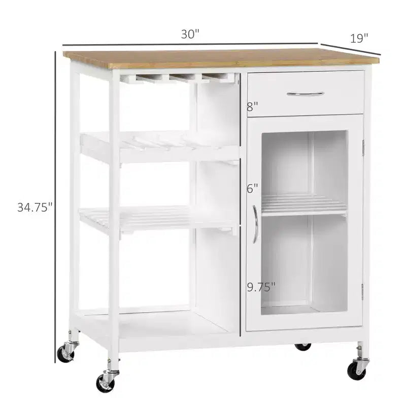 FAMYYT Isola da cucina bianca con piano in legno di bambù da 48 cm, carrello da bar con portabottiglie da 4, portabicchieri, cassetto e armadietto