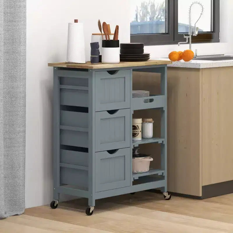 FAMYYT Isola da Cucina da 36,8 cm con piano in legno di caucciù grigio, 3 cassetti, 1 vassoio da portata e 2 ripiani a doghe