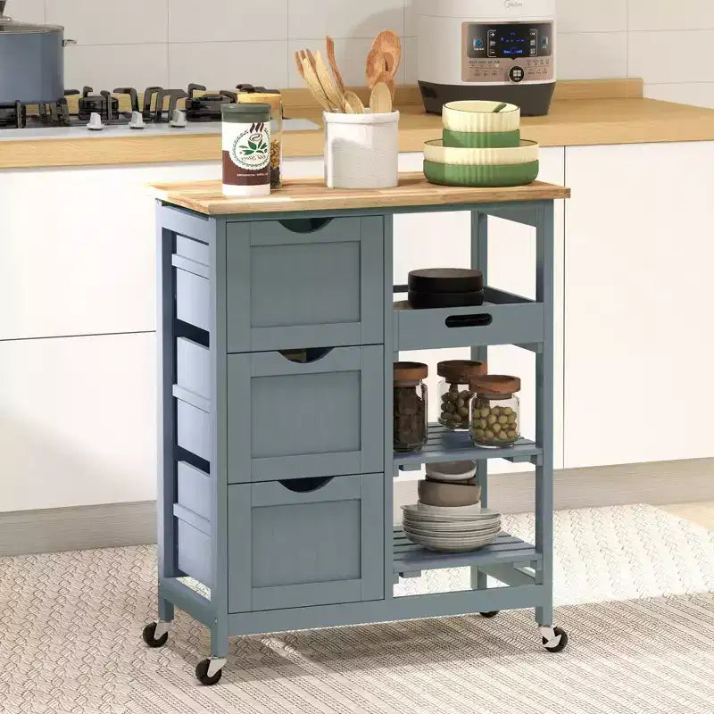 FAMYYT Isola da Cucina da 36,8 cm con piano in legno di caucciù grigio, 3 cassetti, 1 vassoio da portata e 2 ripiani a doghe