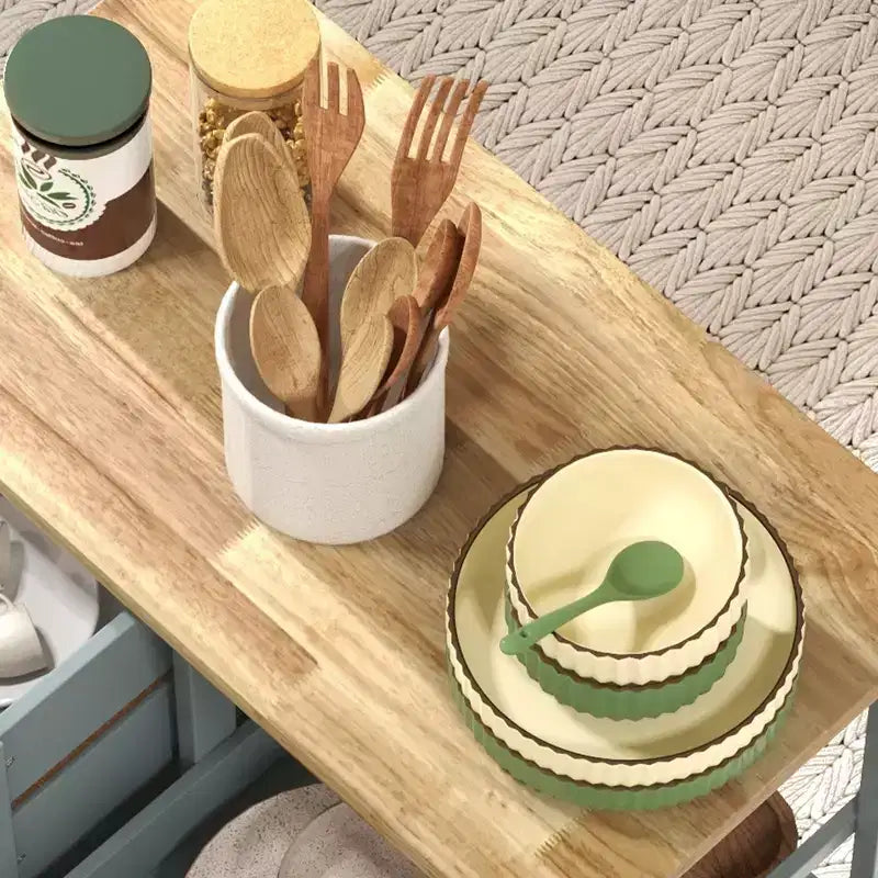 FAMYYT Isola da Cucina da 36,8 cm con piano in legno di caucciù grigio, 3 cassetti, 1 vassoio da portata e 2 ripiani a doghe