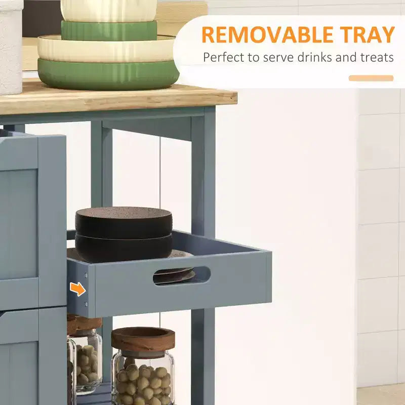 FAMYYT Isola da Cucina da 36,8 cm con piano in legno di caucciù grigio, 3 cassetti, 1 vassoio da portata e 2 ripiani a doghe