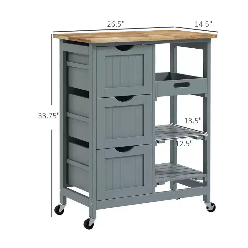 FAMYYT Isola da Cucina da 36,8 cm con piano in legno di caucciù grigio, 3 cassetti, 1 vassoio da portata e 2 ripiani a doghe