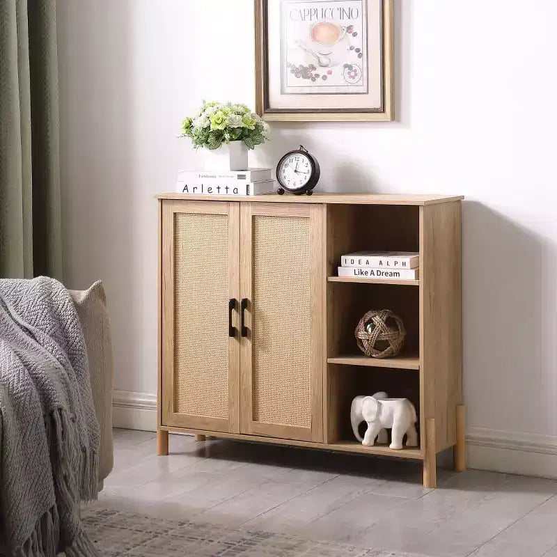 Mobile Contenitore Mid-Century con Ante in Rattan, Scaffali Regolabili, Ripiani Aperti, Mobile Accento Boho per Soggiorno, Ingresso - Panipeachy