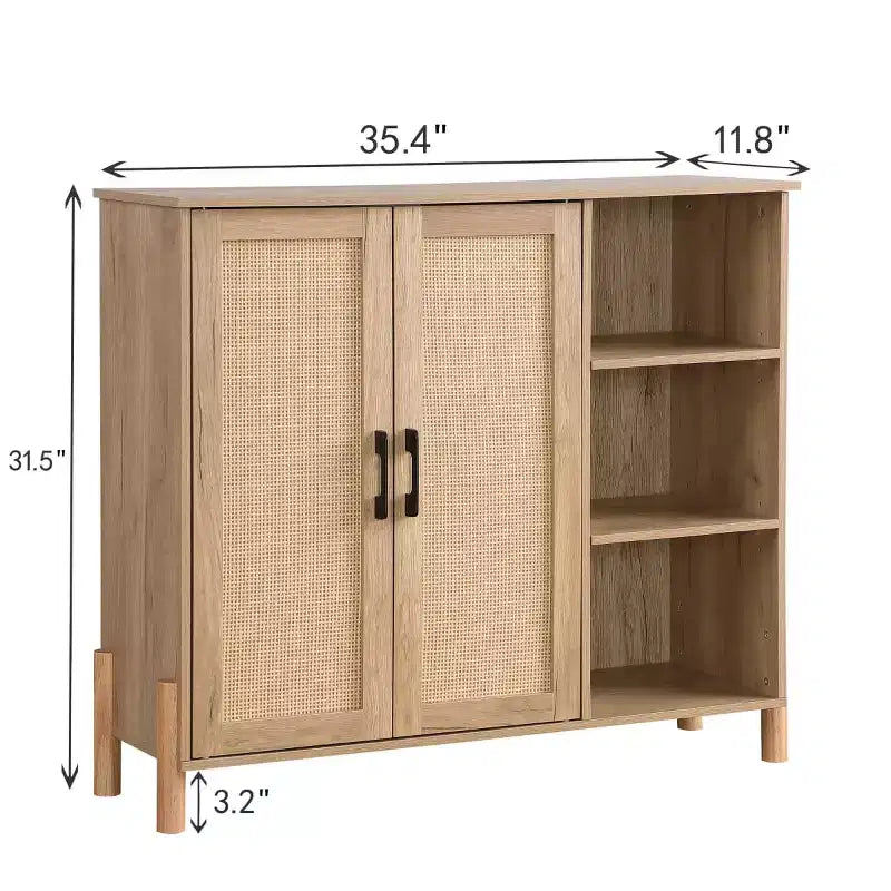 Mobile Contenitore Mid-Century con Ante in Rattan, Scaffali Regolabili, Ripiani Aperti, Mobile Accento Boho per Soggiorno, Ingresso - Panipeachy