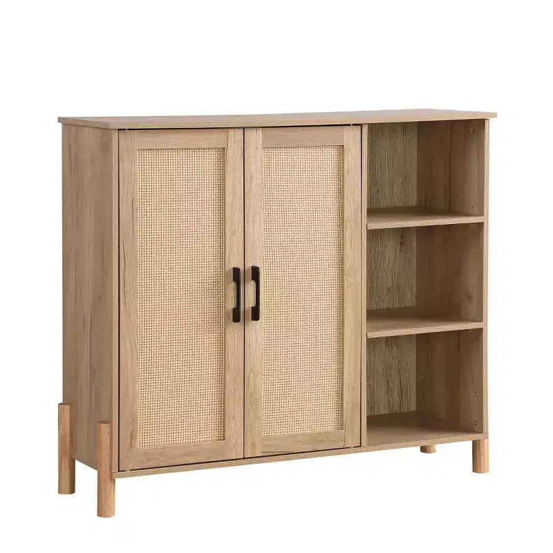 Mobile Contenitore Mid-Century con Ante in Rattan, Scaffali Regolabili, Ripiani Aperti, Mobile Accento Boho per Soggiorno, Ingresso - Panipeachy