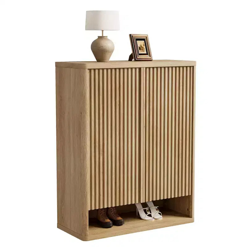 COZONY 31.5 Mobile Scarpiera con Ripiani Regolabili, Armadietto Portascarpe in Legno con Ante Scanalate per Ingresso Soggiorno