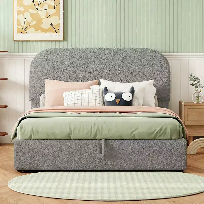 Letto a piattaforma Luxystar moderno matrimoniale in pile Teddy imbottito con sistema di archiviazione idraulico