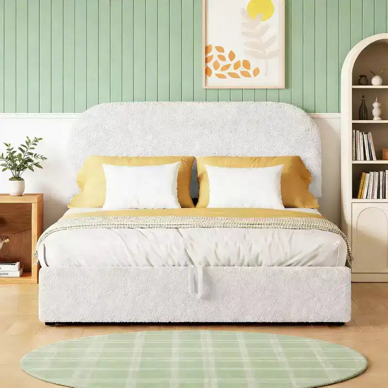 Letto a piattaforma Luxystar moderno matrimoniale in pile Teddy imbottito con sistema di archiviazione idraulico
