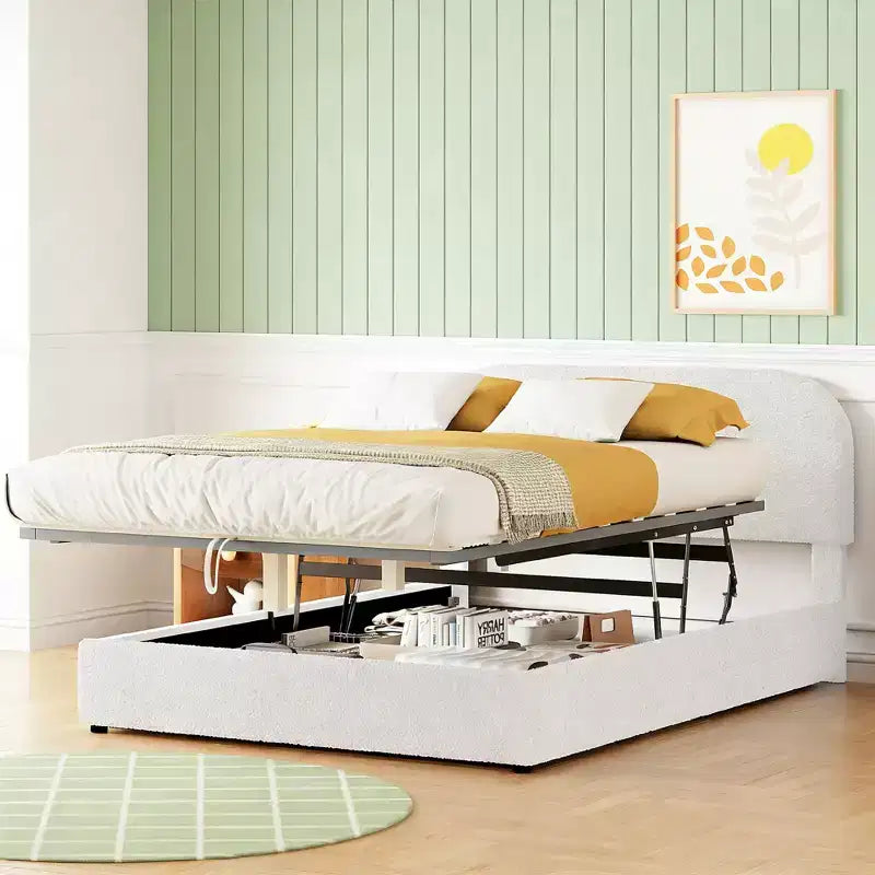 Letto a piattaforma Luxystar moderno matrimoniale in pile Teddy imbottito con sistema di archiviazione idraulico