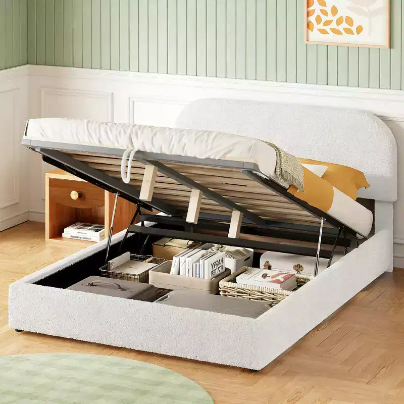 Letto a piattaforma Luxystar moderno matrimoniale in pile Teddy imbottito con sistema di archiviazione idraulico