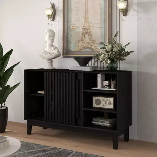 Credenza e porta TV moderno di metà secolo da 47", mobile contenitore a buffet con anta scorrevole a doghe, gambe in legno massello - Panipeachy