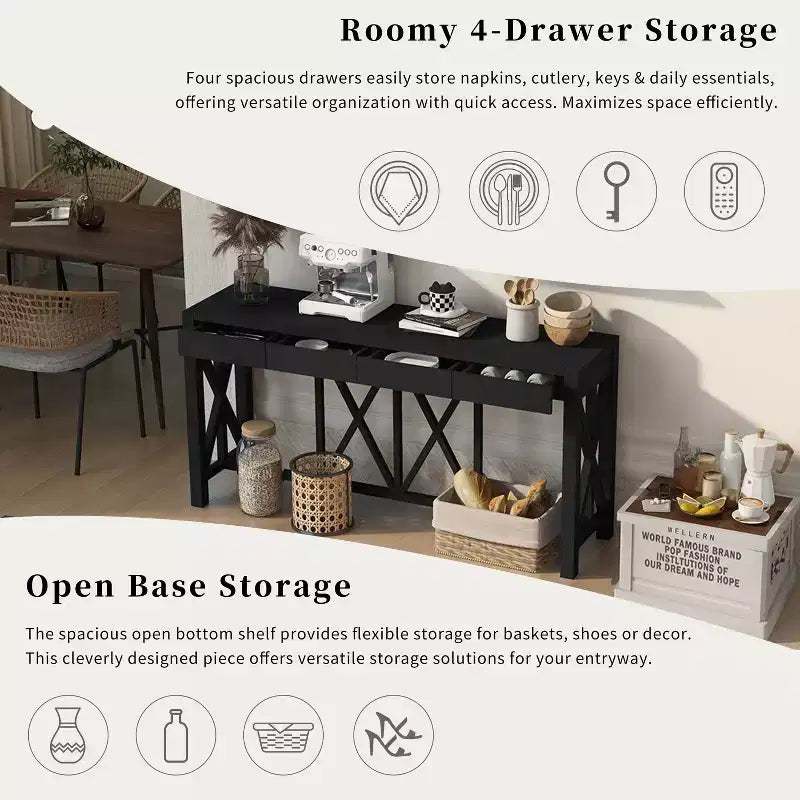 TUYOHW 60 Tavolo Consolle in Legno di Acacia con 4 Cassetti, Tavolo da Ingresso Stile Rustico con Gambe a X, Tavolino Stretto per Divano per Soggiorno, Cucina, Ingresso