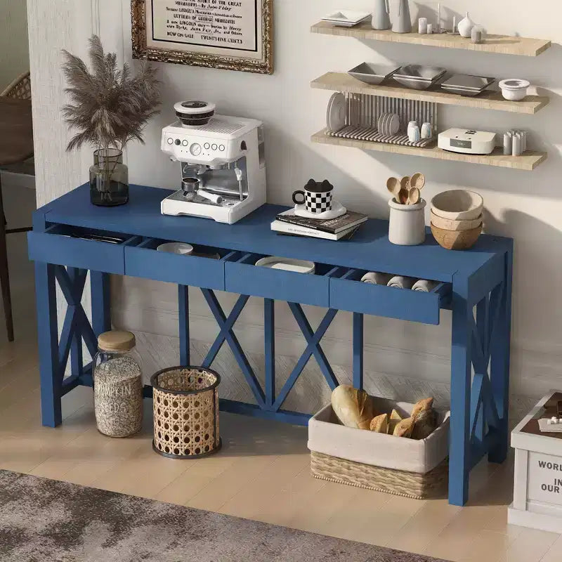 TUYOHW 60 Tavolo Consolle in Legno di Acacia con 4 Cassetti, Tavolo da Ingresso Stile Rustico con Gambe a X, Tavolino Stretto per Divano per Soggiorno, Cucina, Ingresso