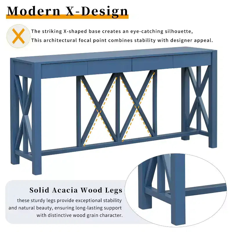 TUYOHW 60 Tavolo Consolle in Legno di Acacia con 4 Cassetti, Tavolo da Ingresso Stile Rustico con Gambe a X, Tavolino Stretto per Divano per Soggiorno, Cucina, Ingresso