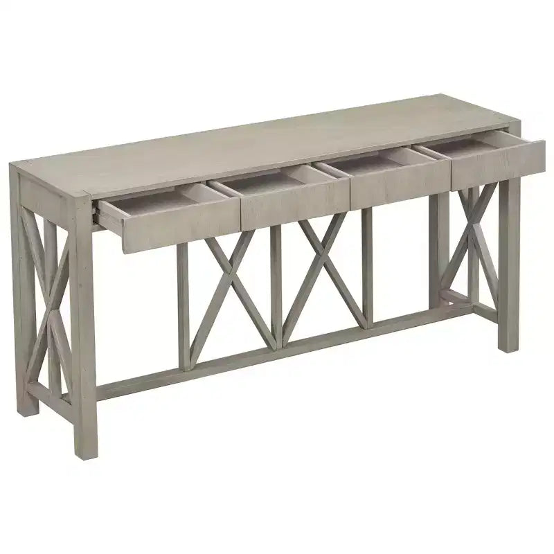TUYOHW 60 Tavolo Consolle in Legno di Acacia con 4 Cassetti, Tavolo da Ingresso Stile Rustico con Gambe a X, Tavolino Stretto per Divano per Soggiorno, Cucina, Ingresso