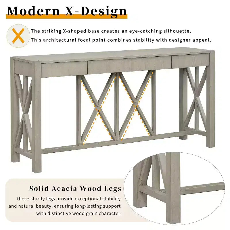 TUYOHW 60 Tavolo Consolle in Legno di Acacia con 4 Cassetti, Tavolo da Ingresso Stile Rustico con Gambe a X, Tavolino Stretto per Divano per Soggiorno, Cucina, Ingresso