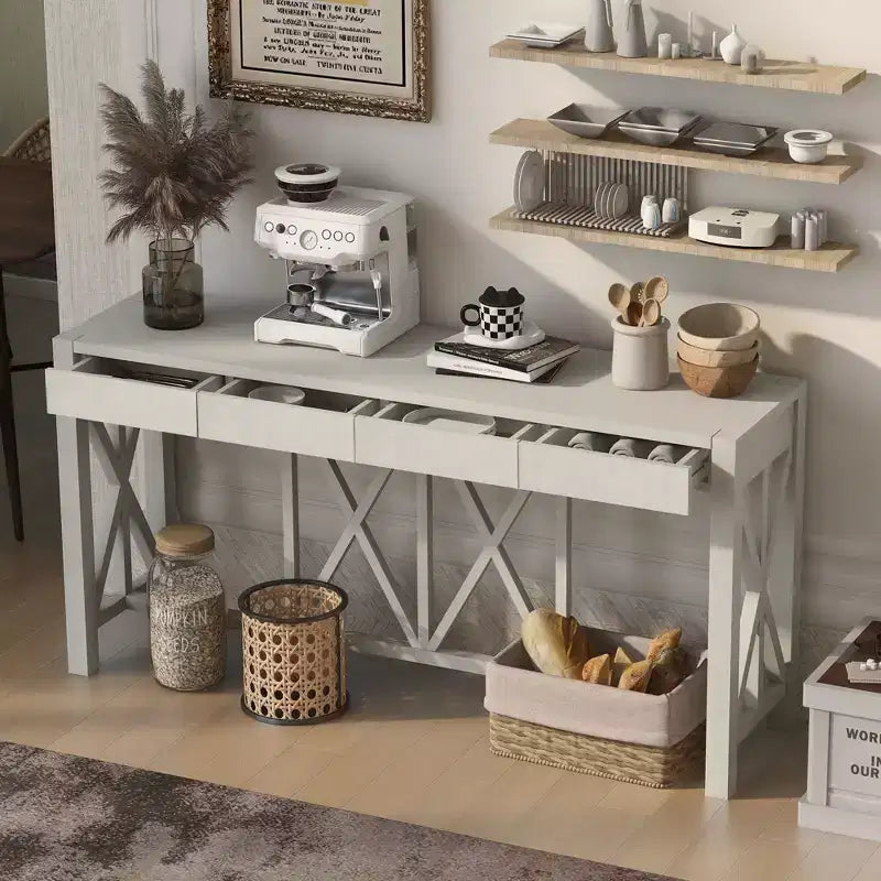 TUYOHW 60 Tavolo Consolle in Legno di Acacia con 4 Cassetti, Tavolo da Ingresso Stile Rustico con Gambe a X, Tavolino Stretto per Divano per Soggiorno, Cucina, Ingresso