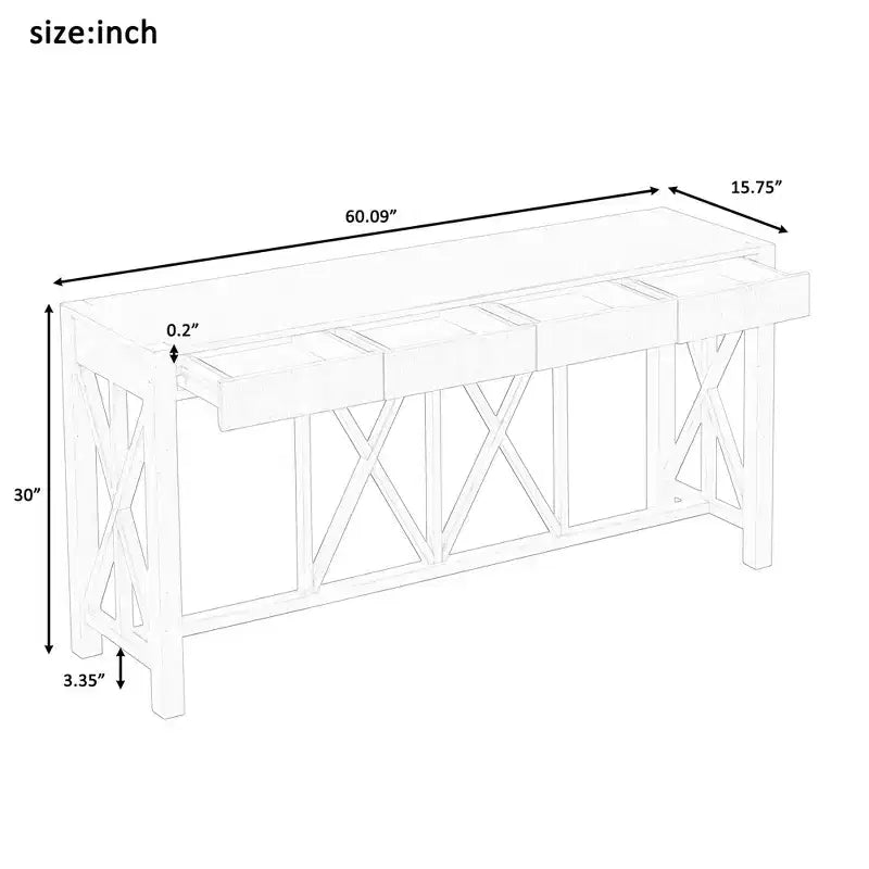 TUYOHW 60 Tavolo Consolle in Legno di Acacia con 4 Cassetti, Tavolo da Ingresso Stile Rustico con Gambe a X, Tavolino Stretto per Divano per Soggiorno, Cucina, Ingresso
