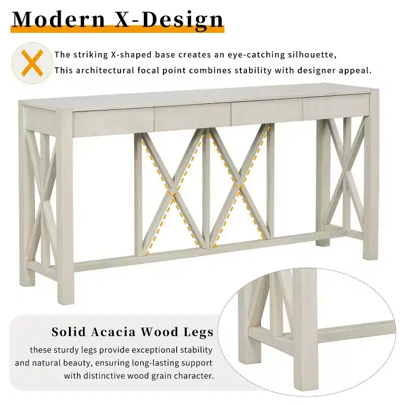 TUYOHW 60 Tavolo Consolle in Legno di Acacia con 4 Cassetti, Tavolo da Ingresso Stile Rustico con Gambe a X, Tavolino Stretto per Divano per Soggiorno, Cucina, Ingresso