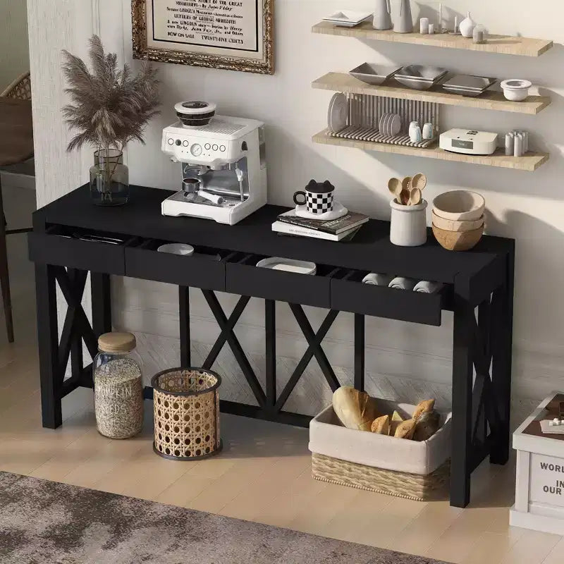 TUYOHW 60 Tavolo Consolle in Legno di Acacia con 4 Cassetti, Tavolo da Ingresso Stile Rustico con Gambe a X, Tavolino Stretto per Divano per Soggiorno, Cucina, Ingresso