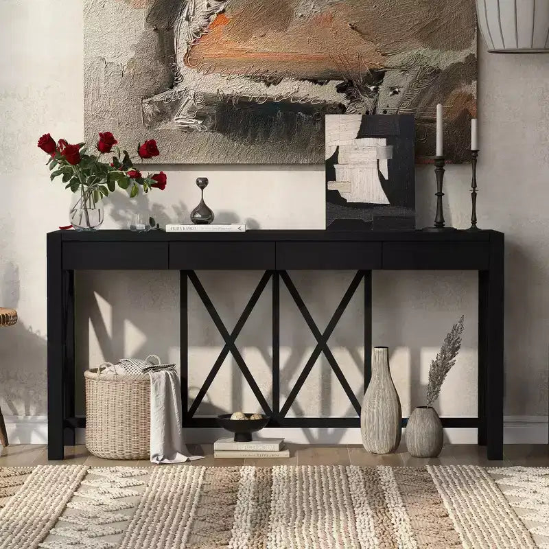 TUYOHW 60 Tavolo Consolle in Legno di Acacia con 4 Cassetti, Tavolo da Ingresso Stile Rustico con Gambe a X, Tavolino Stretto per Divano per Soggiorno, Cucina, Ingresso