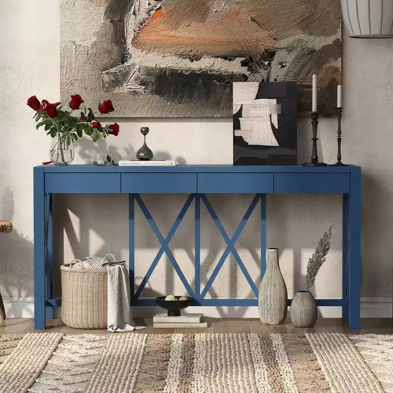 TUYOHW 60 Tavolo Consolle in Legno di Acacia con 4 Cassetti, Tavolo da Ingresso Stile Rustico con Gambe a X, Tavolino Stretto per Divano per Soggiorno, Cucina, Ingresso