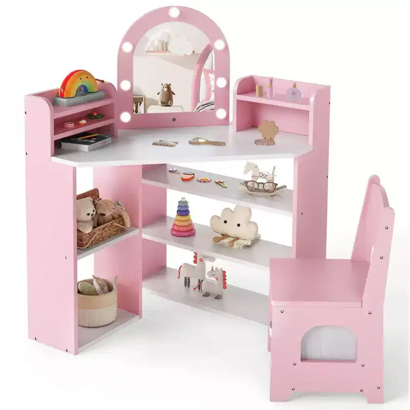 Costway Toeletta Angolare per Bambini con Luci, 3 Ripiani, 5 Vani Aperti, Accessori Rosa/Blu + Bianco