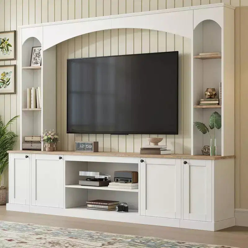 Mobile TV Whisen 91, Centro Intrattenimento ad Arco, Unità a Parete in Stile Rustico con Libreria, Effetto Legno per TV fino a 70 Pollici